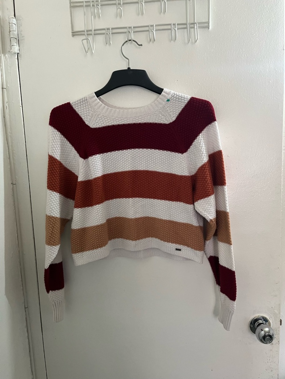 Hollister Striped Crewneck Sweater in White, Burgundy, Rust & Camel